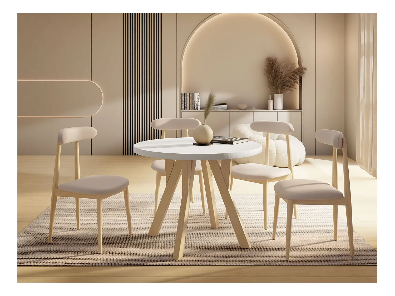 Runder Ausziehbarer Esstisch im Loft-Stil – Industrieller Tisch mit Holzbeinen – Platzsparender Tisch für Wohnzimmer – Weiß – 80 bis 160 cm