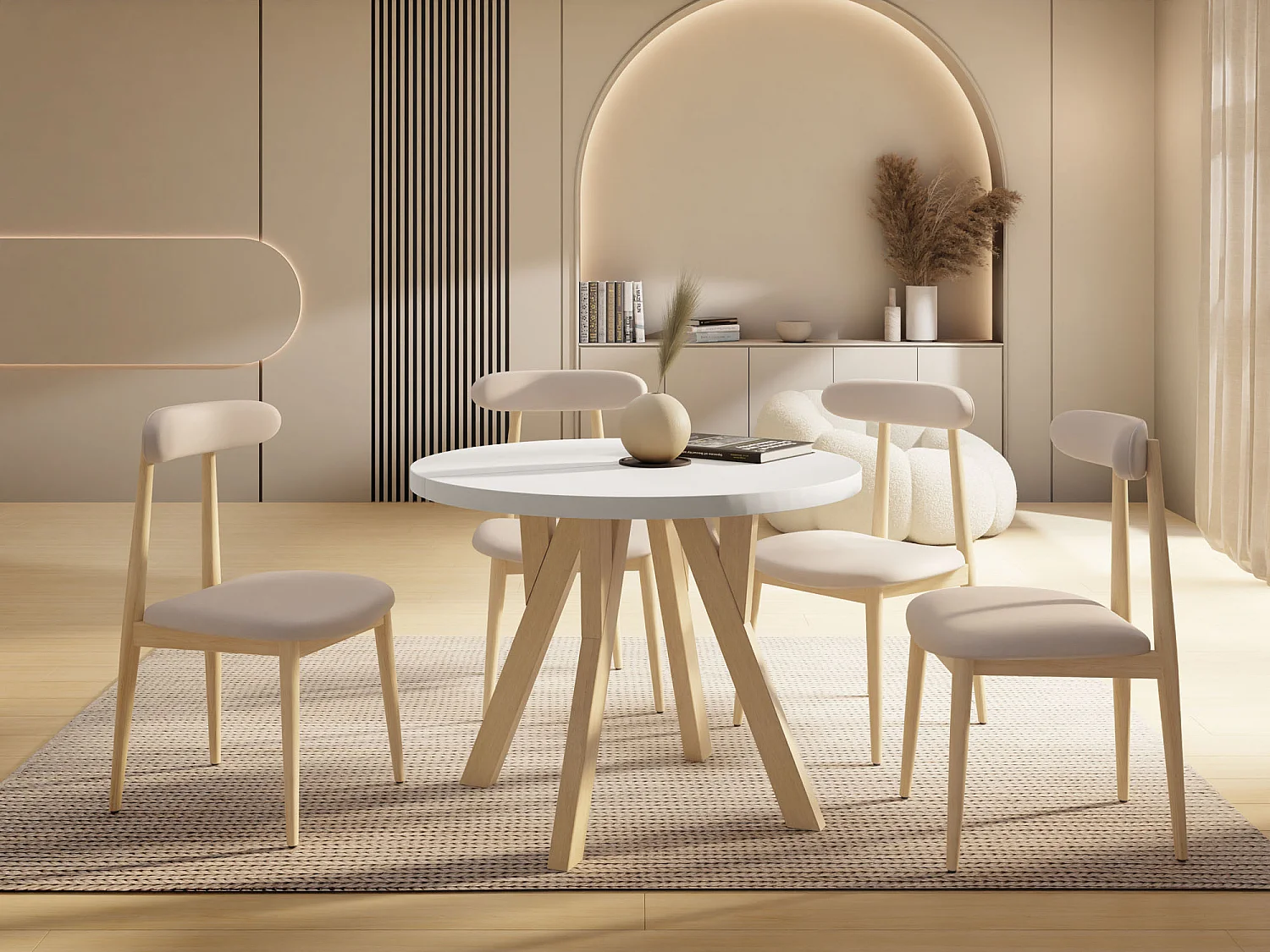 Runder Ausziehbarer Esstisch im Loft-Stil – Industrieller Tisch mit Holzbeinen – Platzsparender Tisch für Wohnzimmer – Weiß – 80 bis 160 cm