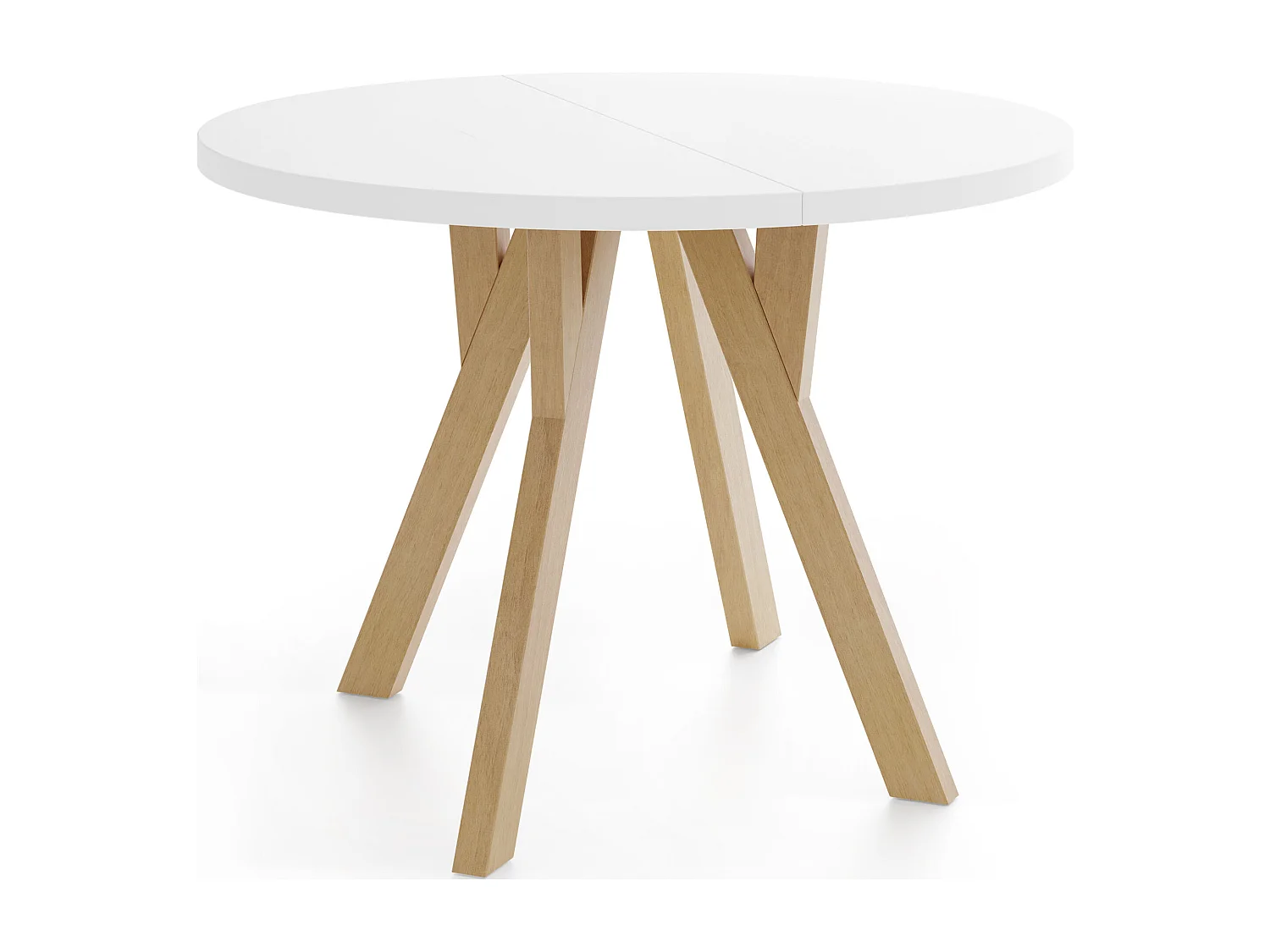Runder Ausziehbarer Esstisch im Loft-Stil – Industrieller Tisch mit Holzbeinen – Platzsparender Tisch für Wohnzimmer – Weiß – 80 bis 160 cm