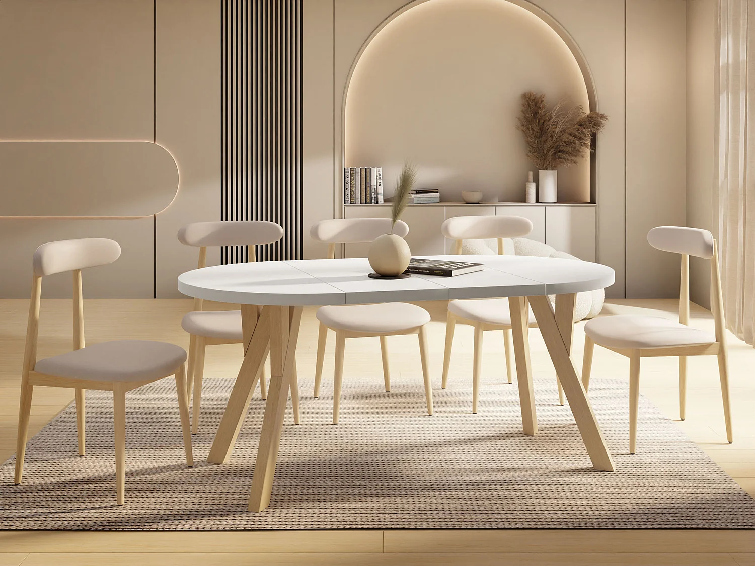 Runder Ausziehbarer Esstisch im Loft-Stil – Industrieller Tisch mit Holzbeinen – Platzsparender Tisch für Wohnzimmer – Weiß – 80 bis 160 cm