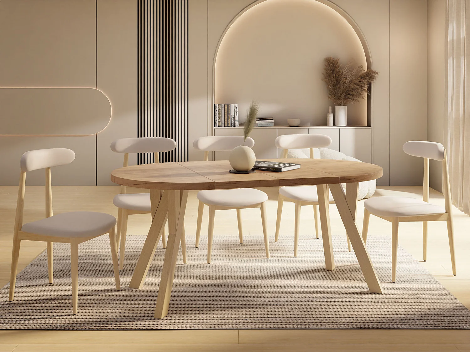 Runder Ausziehbarer Esstisch im Loft-Stil – Industrieller Tisch mit Holzbeinen – Platzsparender Tisch für Wohnzimmer – Eiche Craft Braun – 100 bis 200 cm