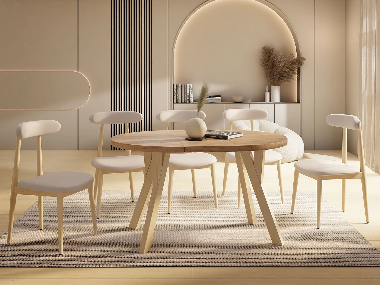 Runder Ausziehbarer Esstisch im Loft-Stil – Industrieller Tisch mit Holzbeinen – Platzsparender Tisch für Wohnzimmer – Eiche Craft Braun – 100 bis 140 cm