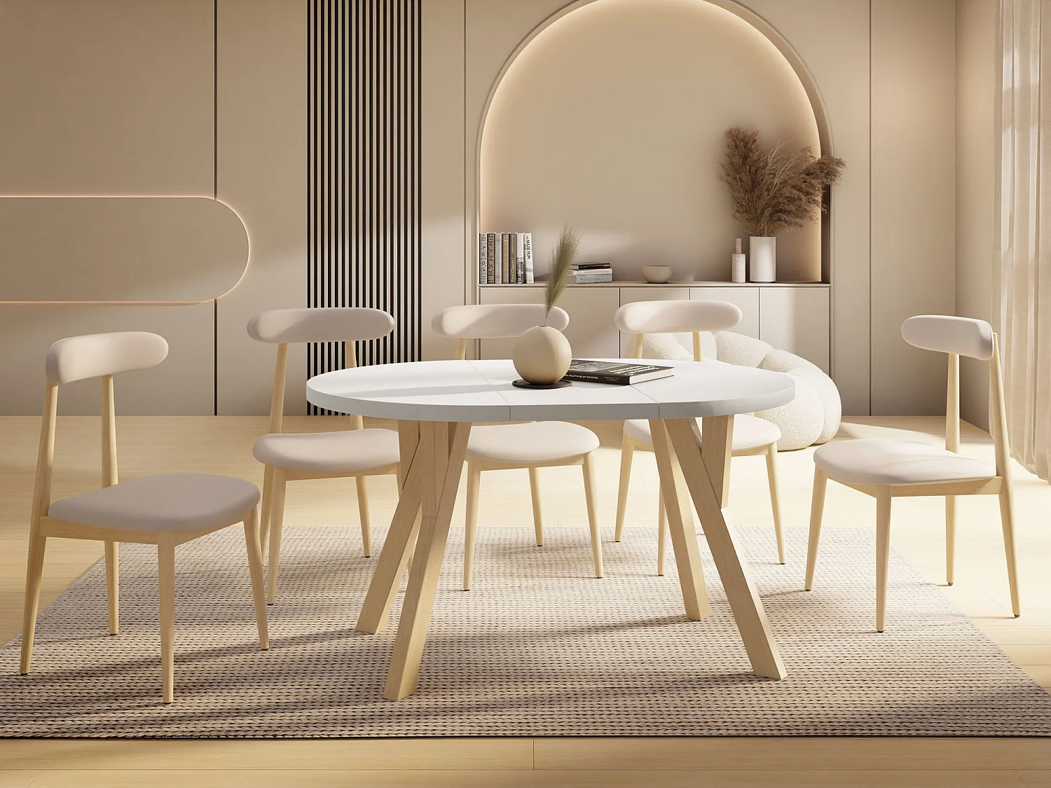 Runder Ausziehbarer Esstisch im Loft-Stil – Industrieller Tisch mit Holzbeinen – Platzsparender Tisch für Wohnzimmer – Weiß – 100 bis 140 cm