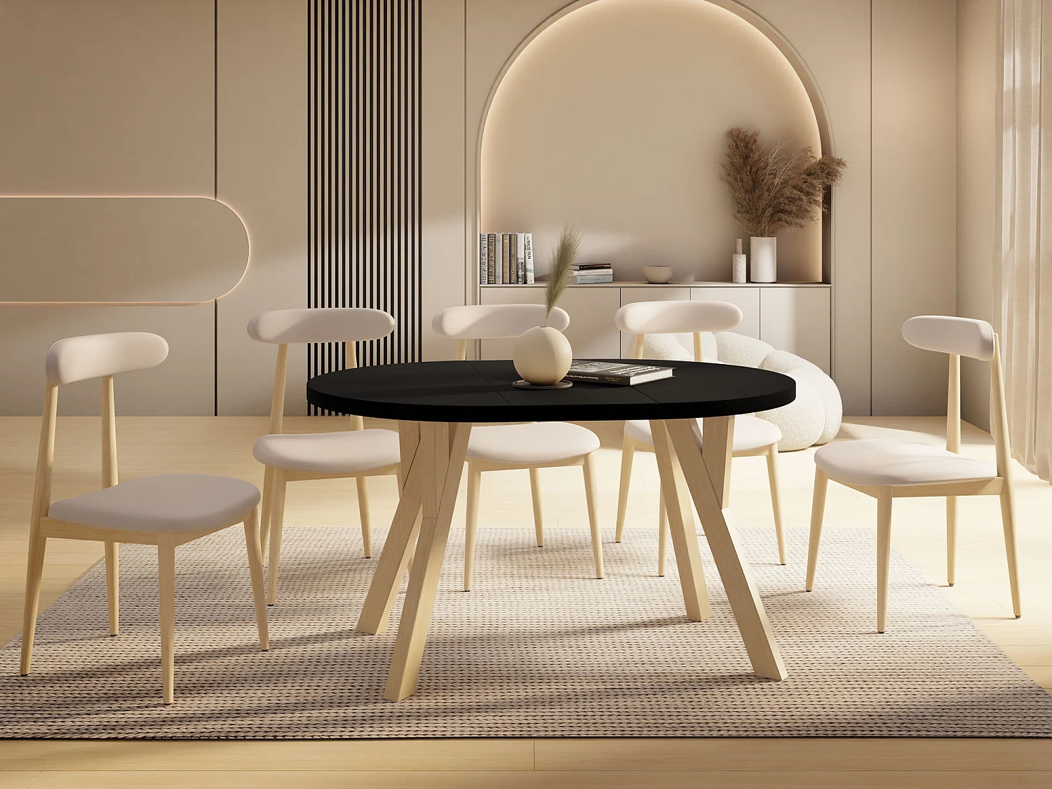 Runder Ausziehbarer Esstisch im Loft-Stil – Industrieller Tisch mit Holzbeinen – Platzsparender Tisch für Wohnzimmer – Schwarz – 100 bis 140 cm