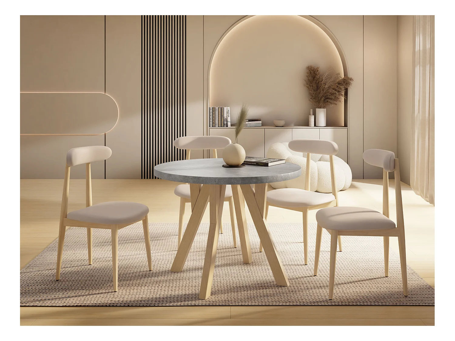 Runder Ausziehbarer Esstisch im Loft-Stil – Industrieller Tisch mit Holzbeinen – Platzsparender Tisch für Wohnzimmer – Beton Grau – 100 bis 200 cm