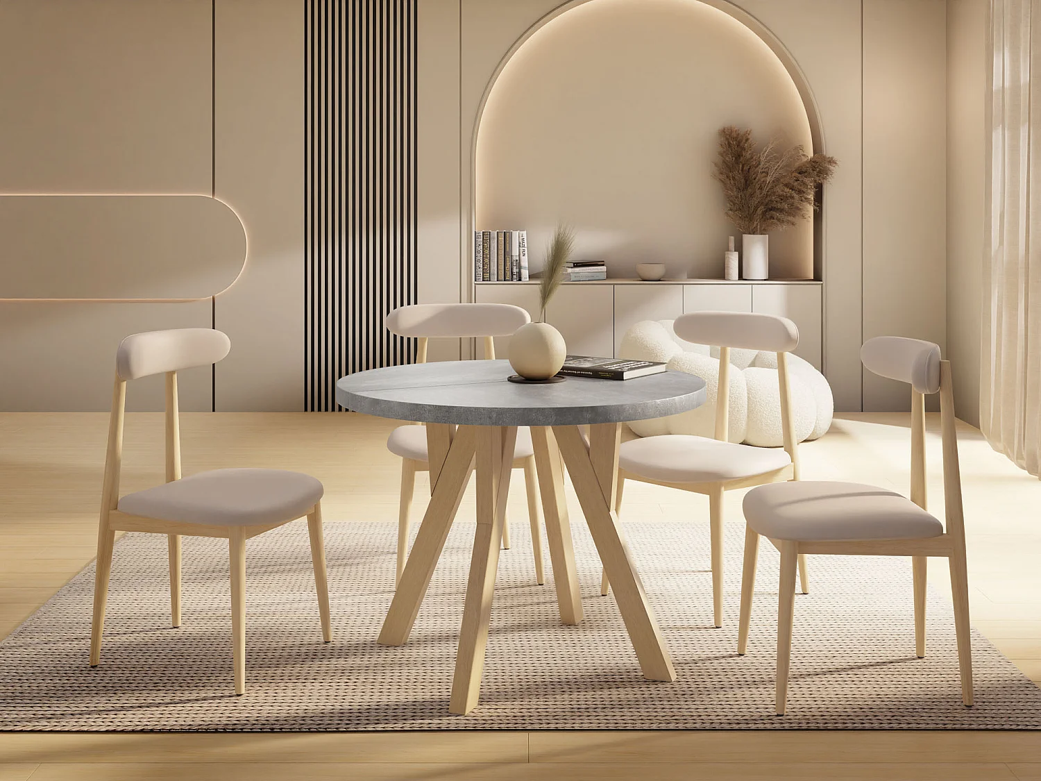 Runder Ausziehbarer Esstisch im Loft-Stil – Industrieller Tisch mit Holzbeinen – Platzsparender Tisch für Wohnzimmer – Beton Grau – 100 bis 200 cm