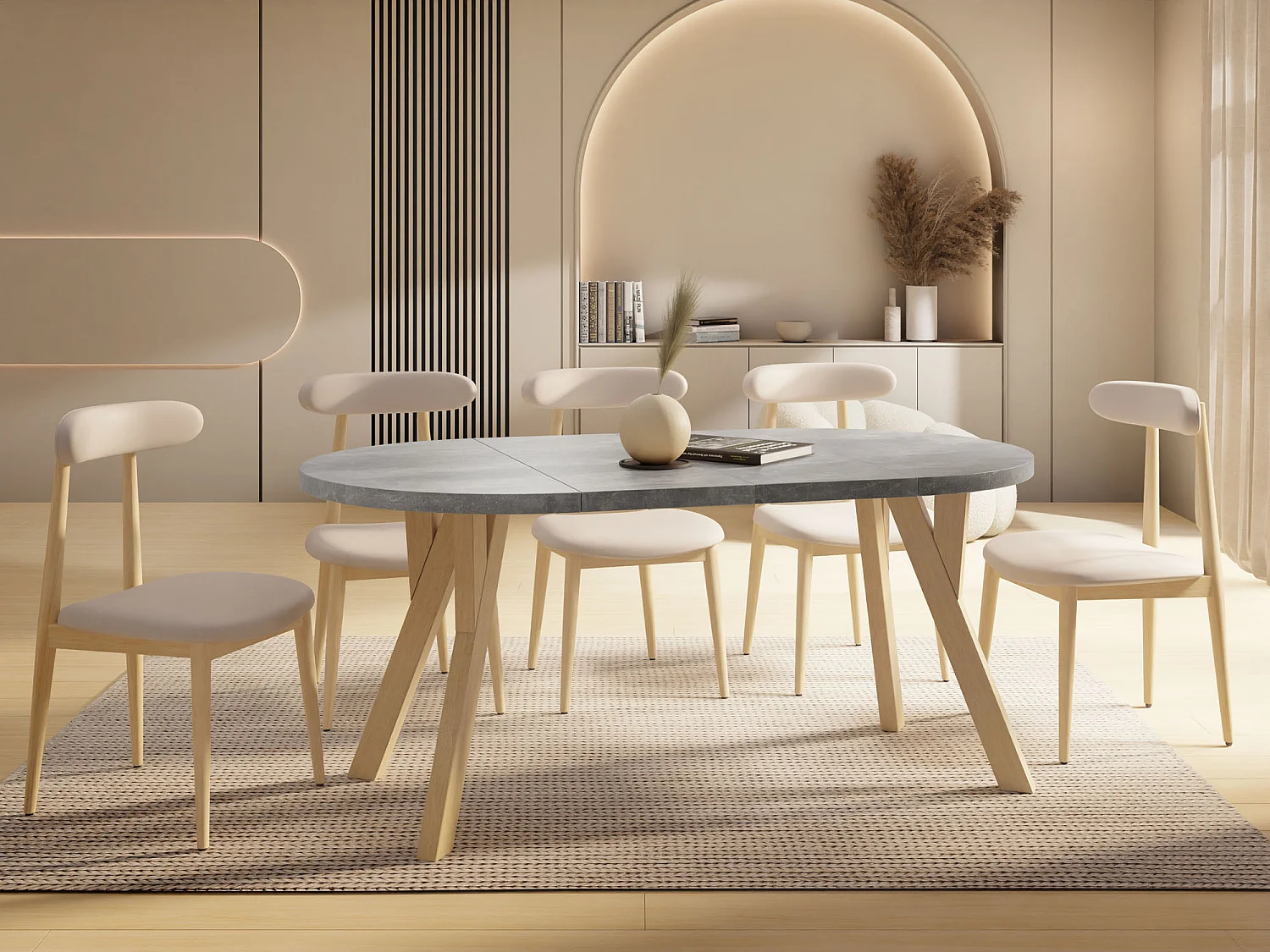 Runder Ausziehbarer Esstisch im Loft-Stil – Industrieller Tisch mit Holzbeinen – Platzsparender Tisch für Wohnzimmer – Beton Grau – 100 bis 200 cm