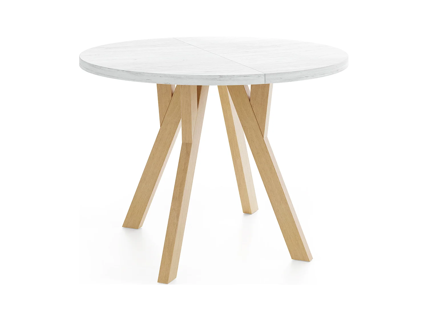 Runder Ausziehbarer Esstisch im Loft-Stil – Industrieller Tisch mit Holzbeinen – Platzsparender Tisch für Wohnzimmer – Kiefer Weiß – 90 bis 190 cm