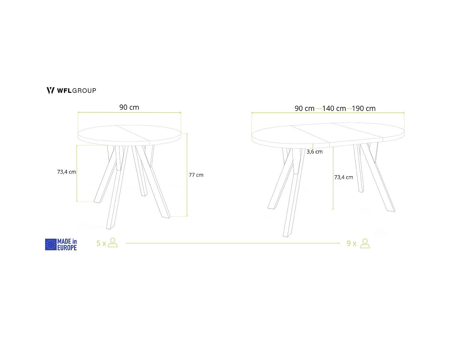 Runder Ausziehbarer Esstisch im Loft-Stil – Industrieller Tisch mit Holzbeinen – Platzsparender Tisch für Wohnzimmer – Kiefer Weiß – 90 bis 190 cm