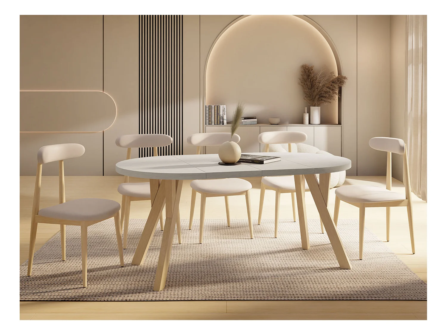 Runder Ausziehbarer Esstisch im Loft-Stil – Industrieller Tisch mit Holzbeinen – Platzsparender Tisch für Wohnzimmer – Kiefer Weiß – 90 bis 190 cm