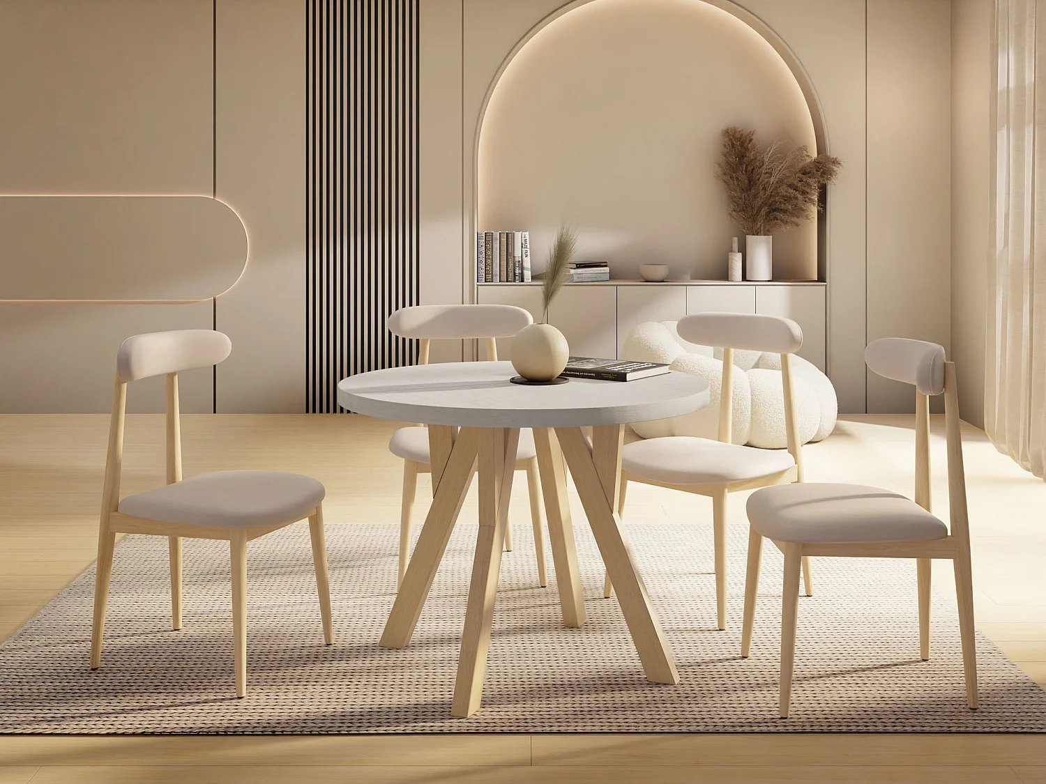 Runder Ausziehbarer Esstisch im Loft-Stil – Industrieller Tisch mit Holzbeinen – Platzsparender Tisch für Wohnzimmer – Kiefer Weiß – 90 bis 190 cm