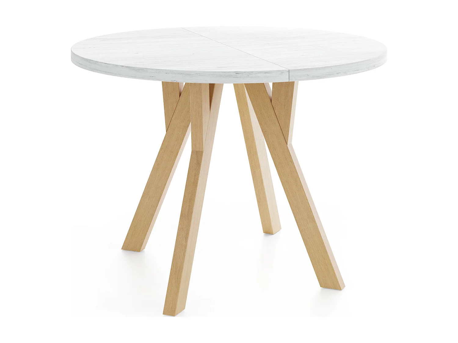 Runder Ausziehbarer Esstisch im Loft-Stil – Industrieller Tisch mit Holzbeinen – Platzsparender Tisch für Wohnzimmer – Kiefer Weiß – 100 bis 140 cm