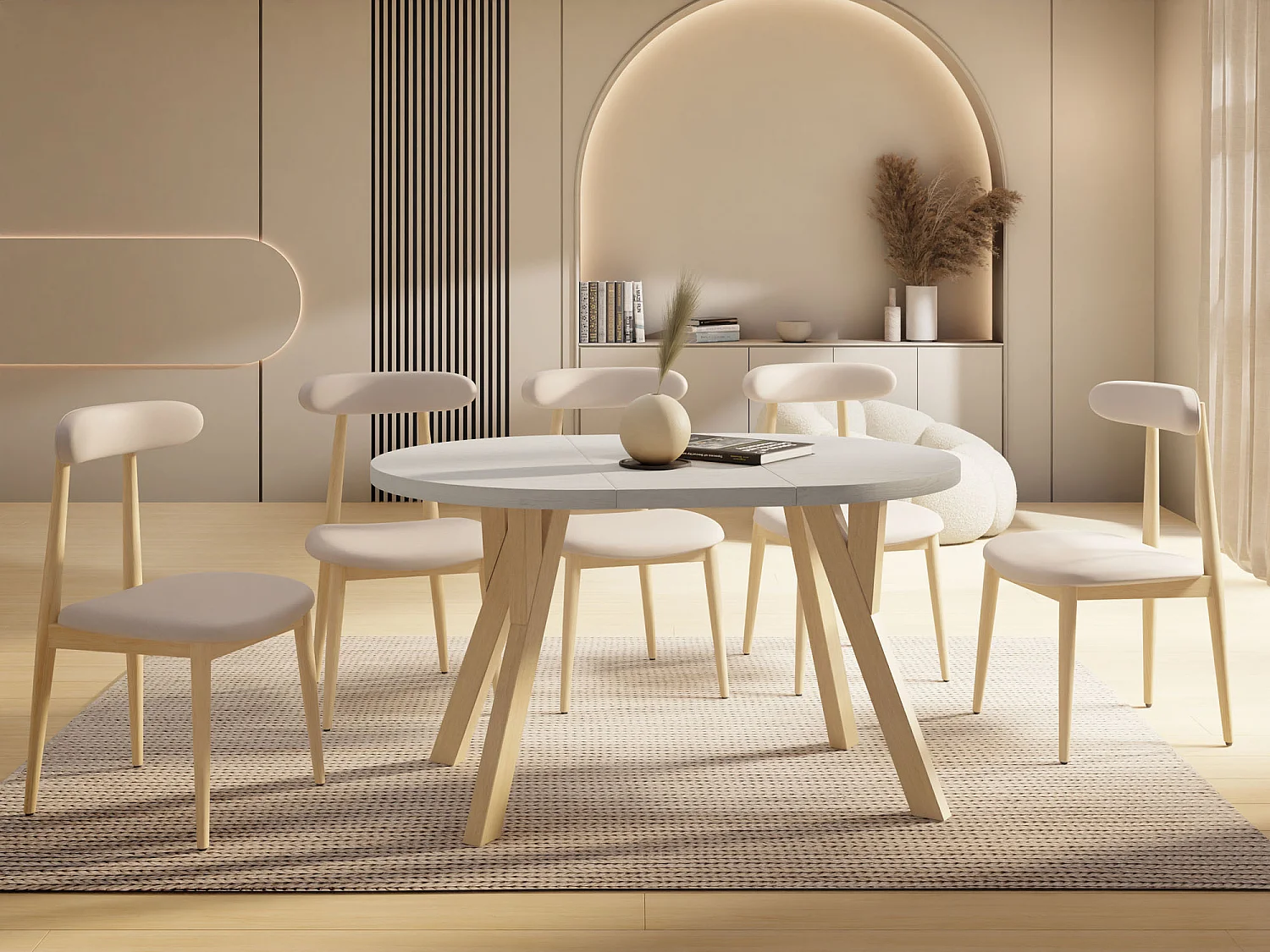 Runder Ausziehbarer Esstisch im Loft-Stil – Industrieller Tisch mit Holzbeinen – Platzsparender Tisch für Wohnzimmer – Kiefer Weiß – 100 bis 140 cm