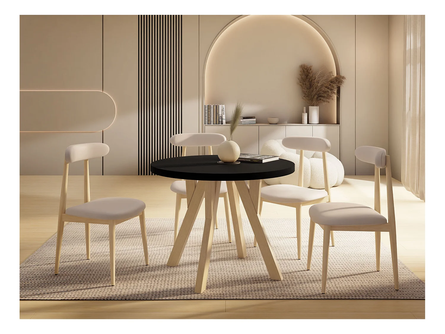 Runder Ausziehbarer Esstisch im Loft-Stil – Industrieller Tisch mit Holzbeinen – Platzsparender Tisch für Wohnzimmer – Schwarz – 100 bis 200 cm