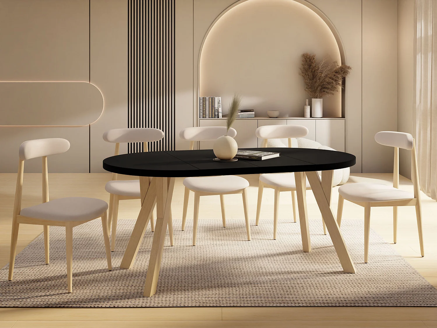 Runder Ausziehbarer Esstisch im Loft-Stil – Industrieller Tisch mit Holzbeinen – Platzsparender Tisch für Wohnzimmer – Schwarz – 100 bis 200 cm