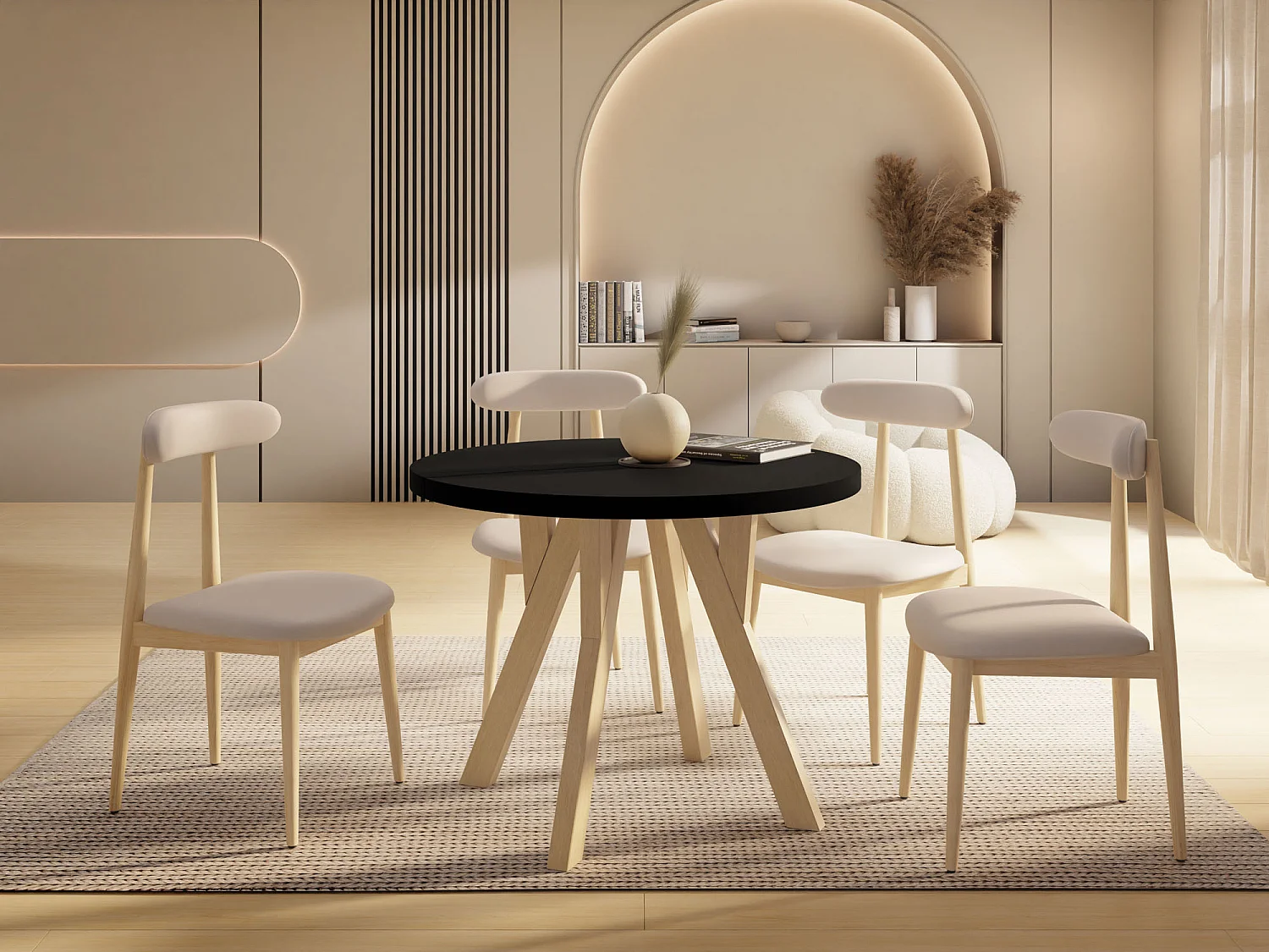 Runder Ausziehbarer Esstisch im Loft-Stil – Industrieller Tisch mit Holzbeinen – Platzsparender Tisch für Wohnzimmer – Schwarz – 80 bis 160 cm