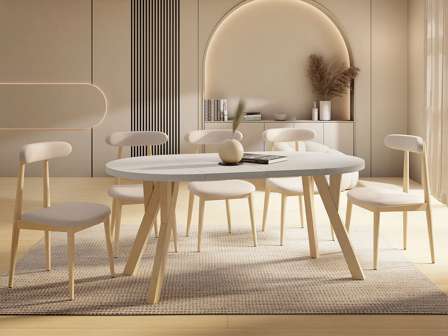 Runder Ausziehbarer Esstisch im Loft-Stil – Industrieller Tisch mit Holzbeinen – Platzsparender Tisch für Wohnzimmer – Kiefer Weiß – 80 bis 160 cm