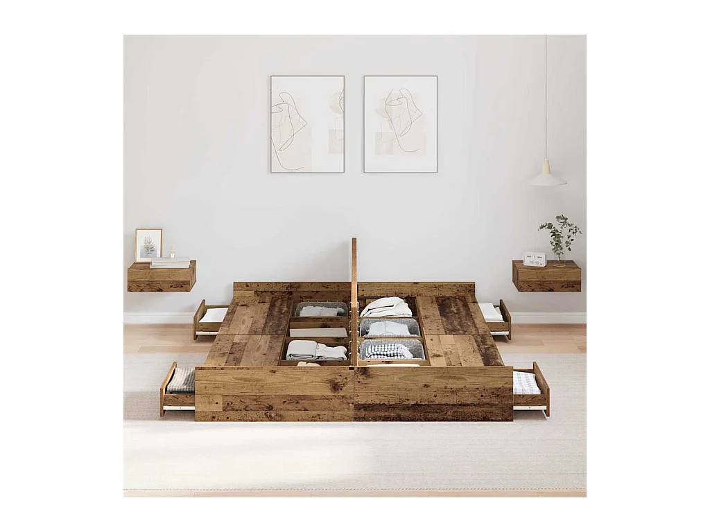 Cadre de lit avec rangement Bois ancien 135 x 190 cm