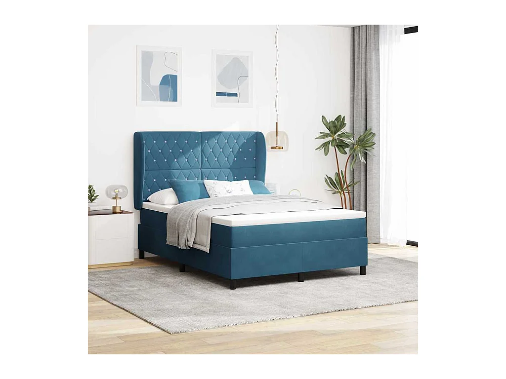 Cadre de lit avec matelas Bleu foncé 140 x 190 cm Velours