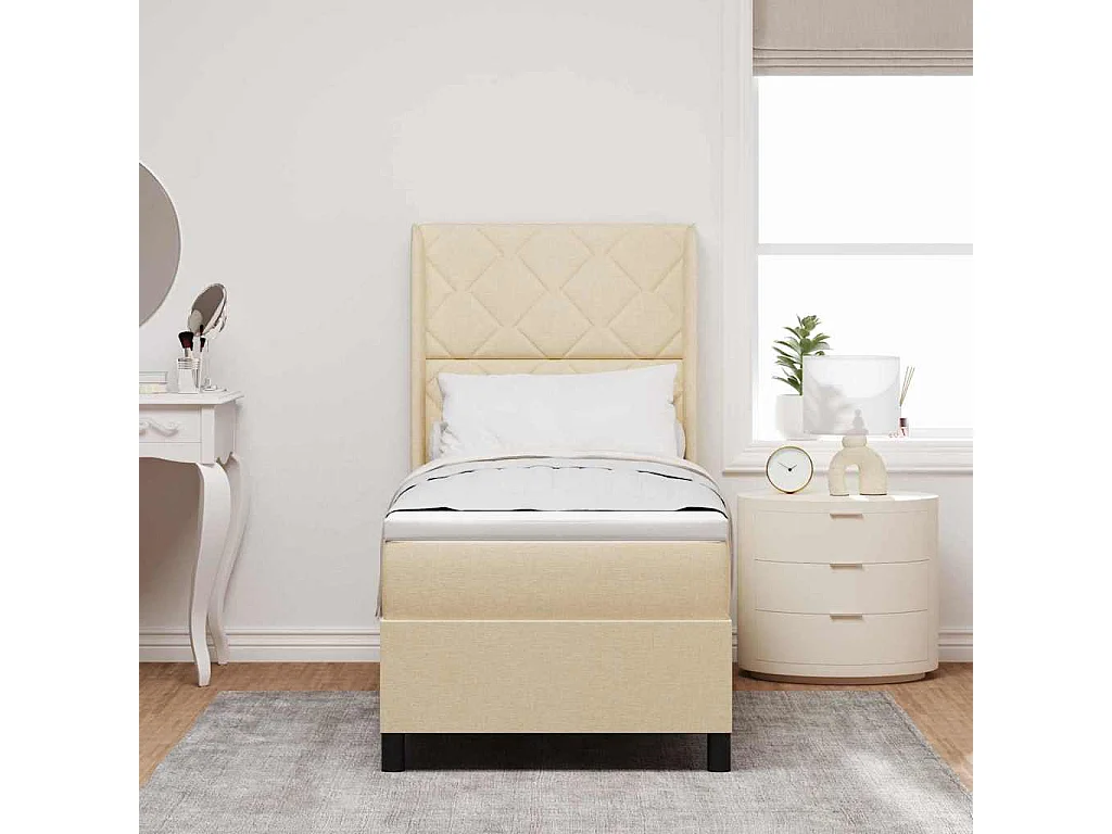 Cama Box com colchão com cabeceira Creme 80 x 200 cm tecido