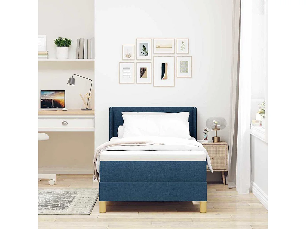Cadre de lit avec matelas Bleu 90 x 190 cm tissu