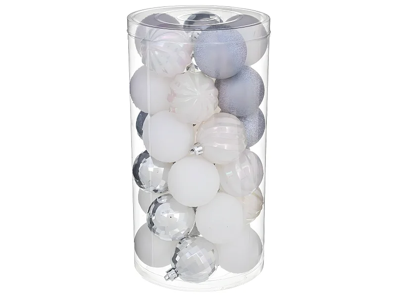 Déco de sapin Lot de 30 Boules de Noël D 6 cm  - Argent et Blanc