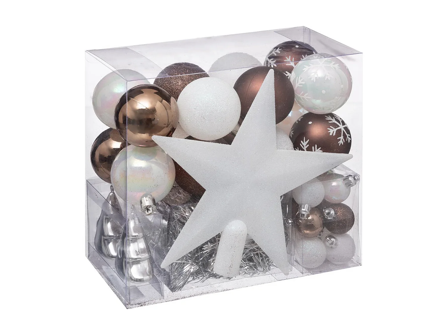 Déco de Sapin de Noël Kit 44 pièces, Boule, Guirlande et Cimier - Blanc et Café