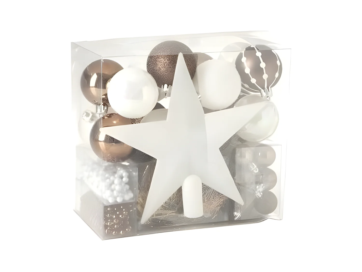 Déco de Sapin de Noël Kit 44 pièces, Boule, Guirlande et Cimier - Blanc et Café