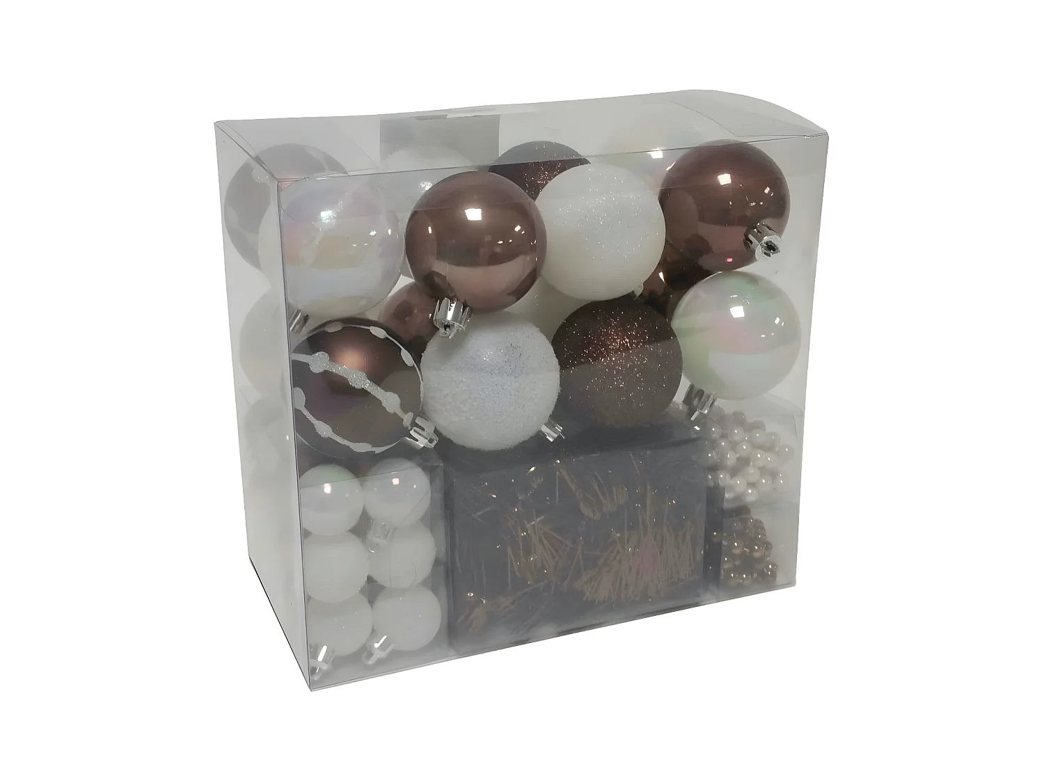 Déco de Sapin de Noël Kit 44 pièces, Boule, Guirlande et Cimier - Blanc et Café