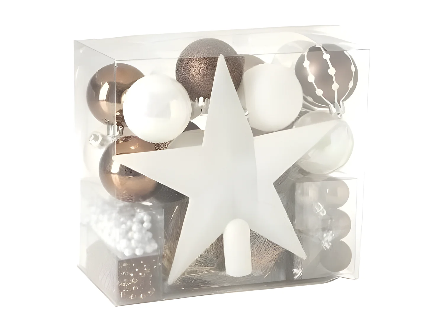 Déco de Sapin de Noël Kit 44 pièces, Boule, Guirlande et Cimier - Blanc et Café