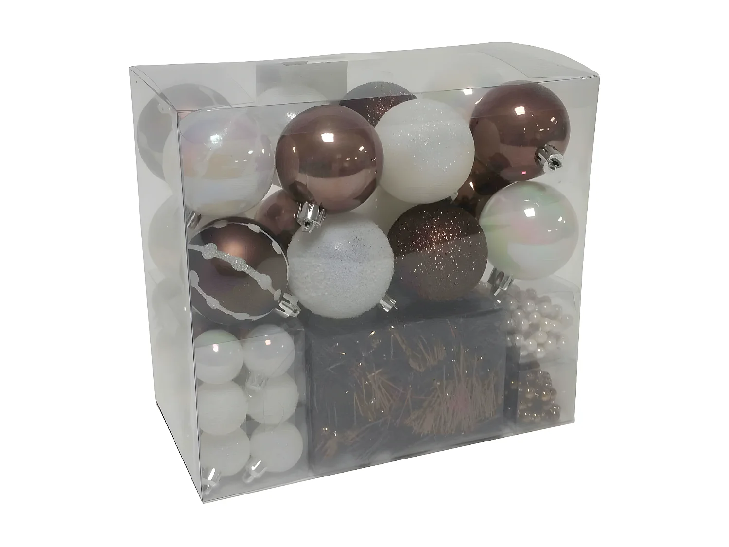 Déco de Sapin de Noël Kit 44 pièces, Boule, Guirlande et Cimier - Blanc et Café