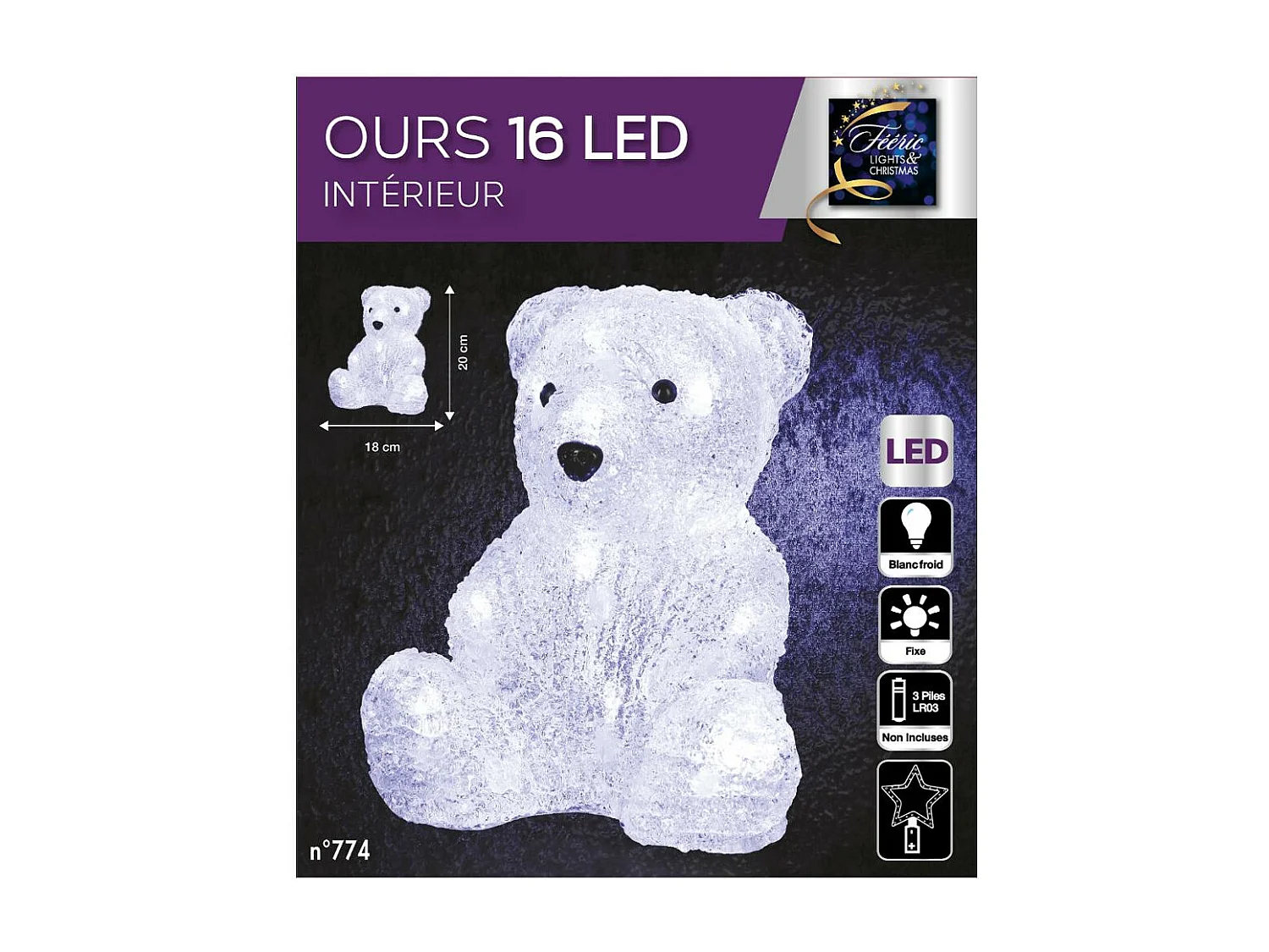 Décoration lumineuse Ours assis 16 LED Blanc froid H 20 cm