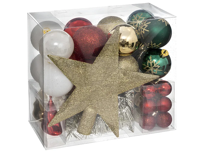 Déco de Sapin de Noël Kit 44 pièces, Boule, Guirlande et Cimier - Vert Rouge et Or