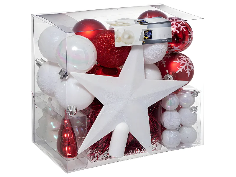 Déco de Sapin de Noël Kit 44 pièces, Boule, Guirlande et Cimier - Rouge et Blanc