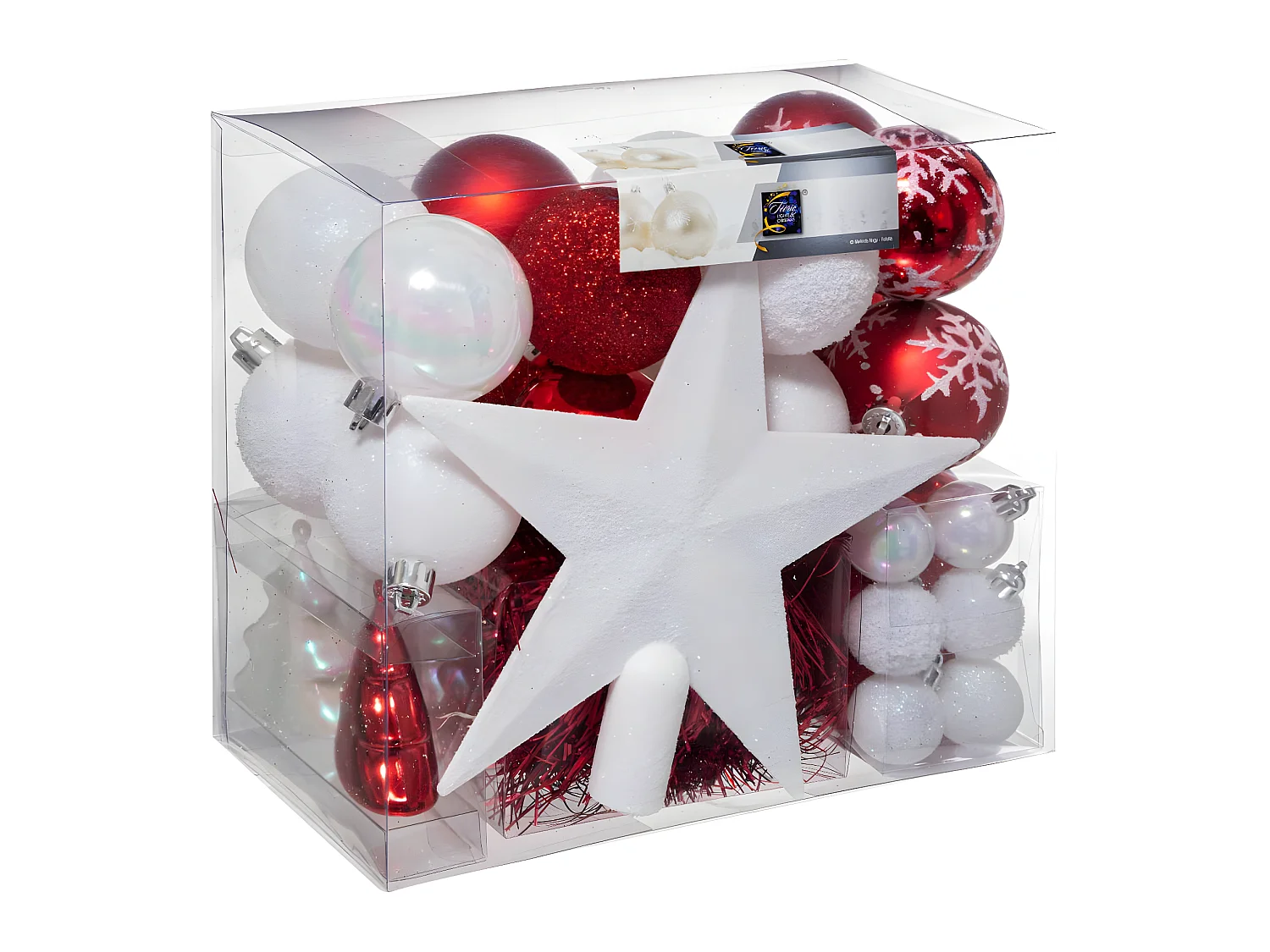 Déco de Sapin de Noël Kit 44 pièces, Boule, Guirlande et Cimier - Rouge et Blanc