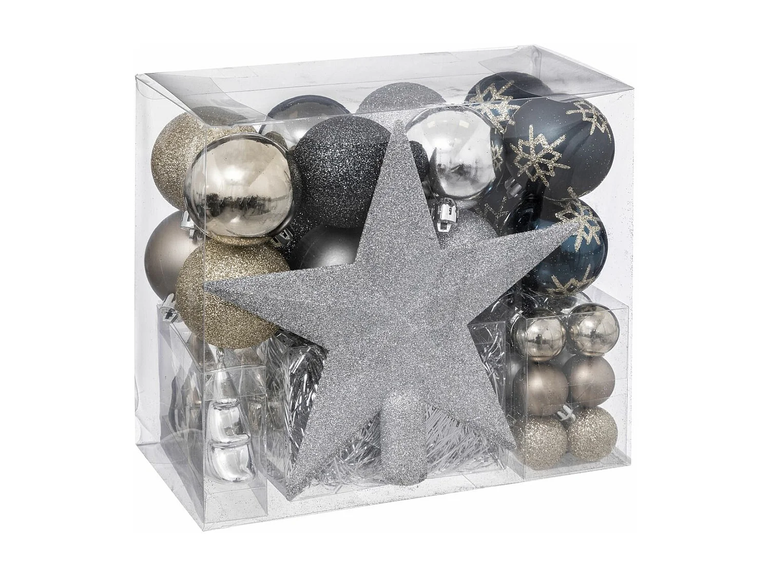 Déco de Sapin de Noël Kit 44 pièces, Boule, Guirlande et Cimier - Bleu Champagne et Argent