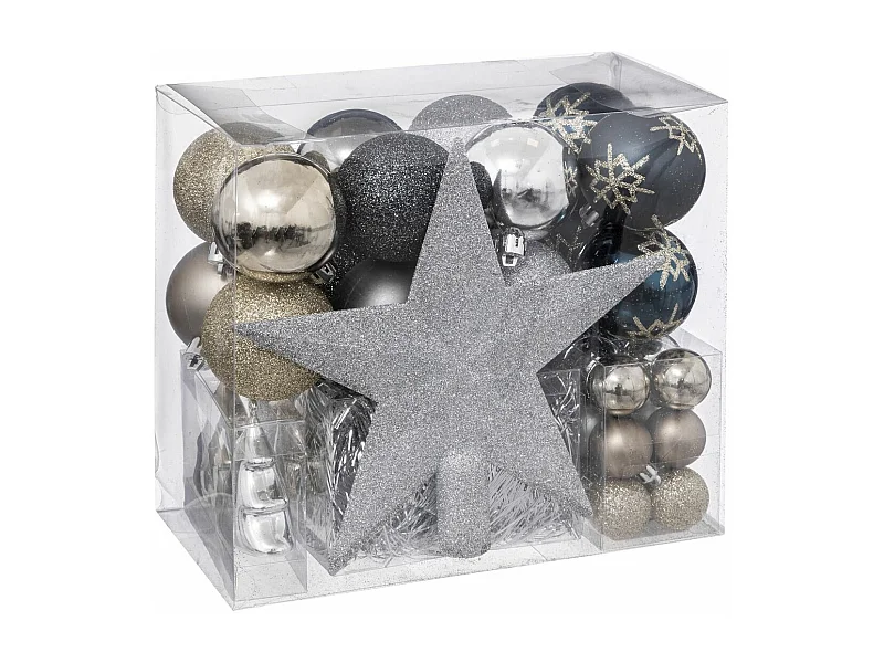 Déco de Sapin de Noël Kit 44 pièces, Boule, Guirlande et Cimier - Bleu Champagne et Argent