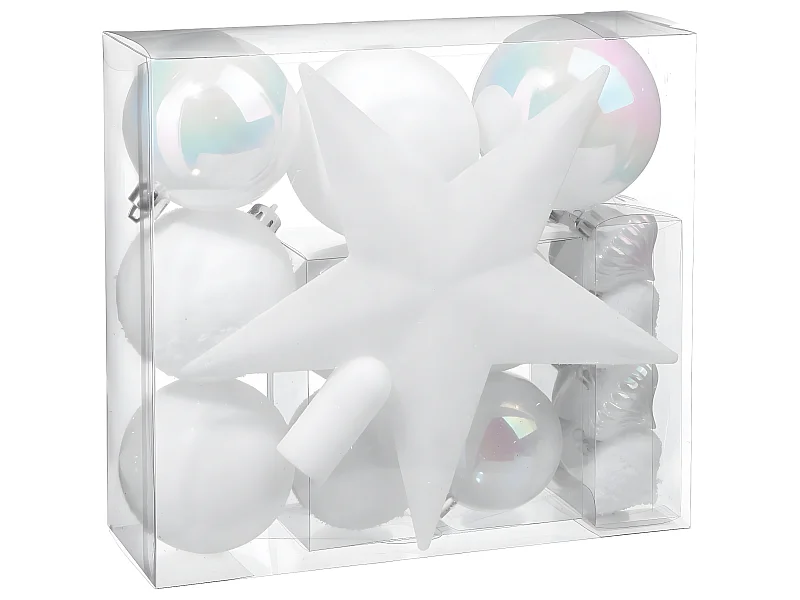 Déco de sapin de Noël Kit de 18 pièces Boules et Cimier - Blanc irisé