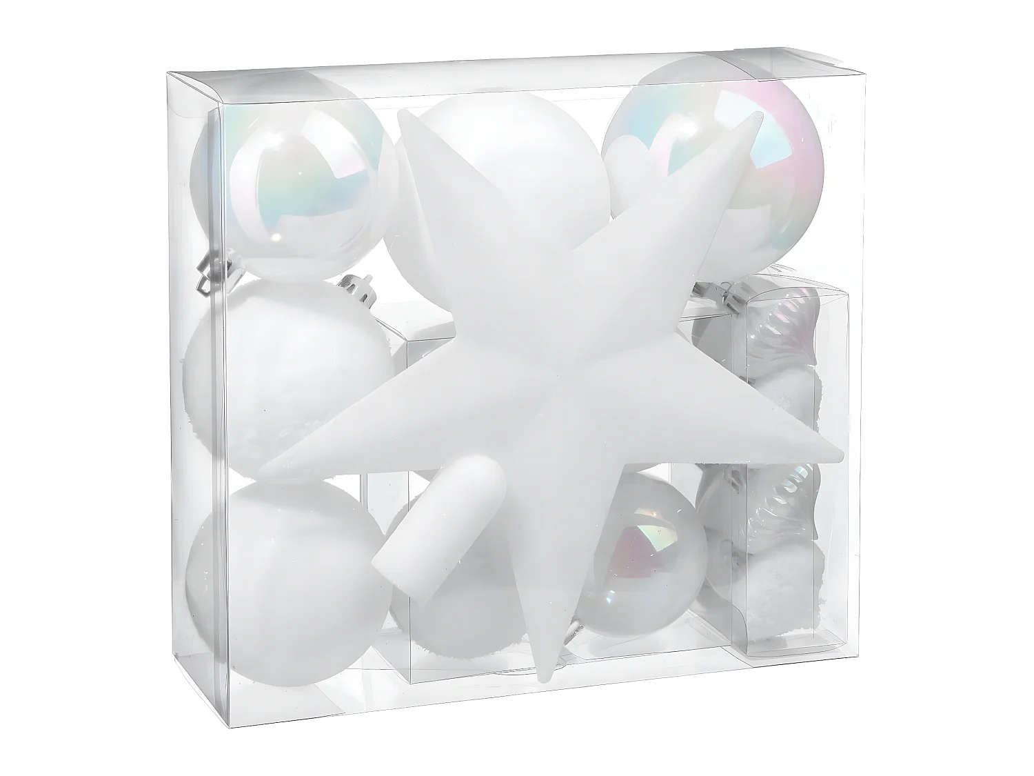 Déco de sapin de Noël Kit de 18 pièces Boules et Cimier - Blanc irisé