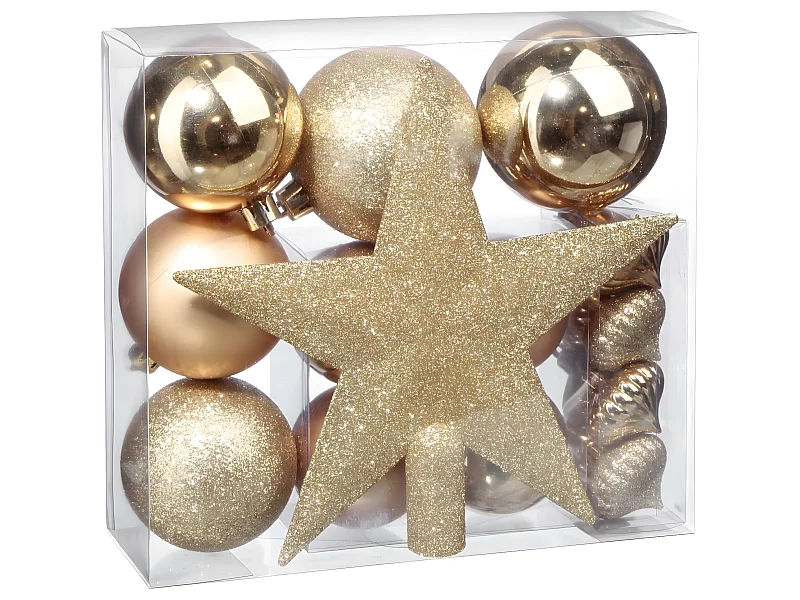 Déco de sapin de Noël Kit de 18 pièces Boules et Cimier - Or