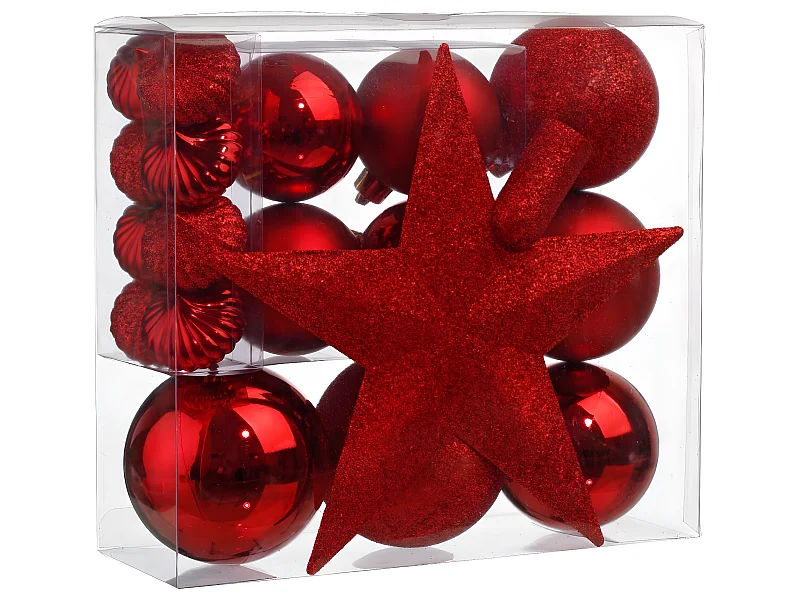 Déco de sapin de Noël Kit de 18 pièces Boules et Cimier - Rouge