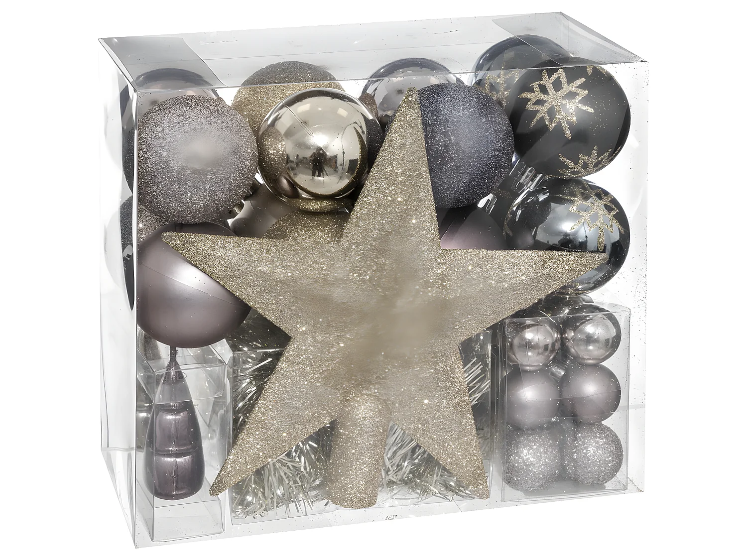 Déco de Sapin de Noël Kit 44 pièces, Boule, Guirlande et Cimier - Champagne Gris