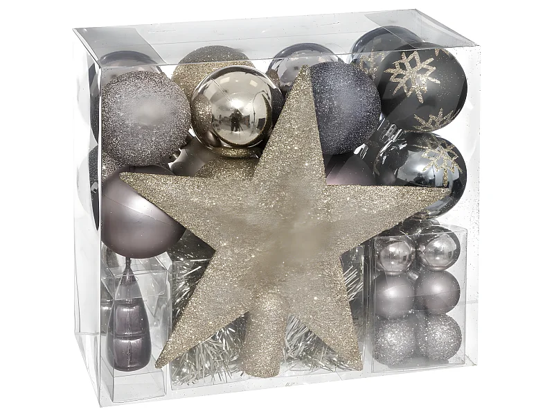 Déco de Sapin de Noël Kit 44 pièces, Boule, Guirlande et Cimier - Champagne Gris