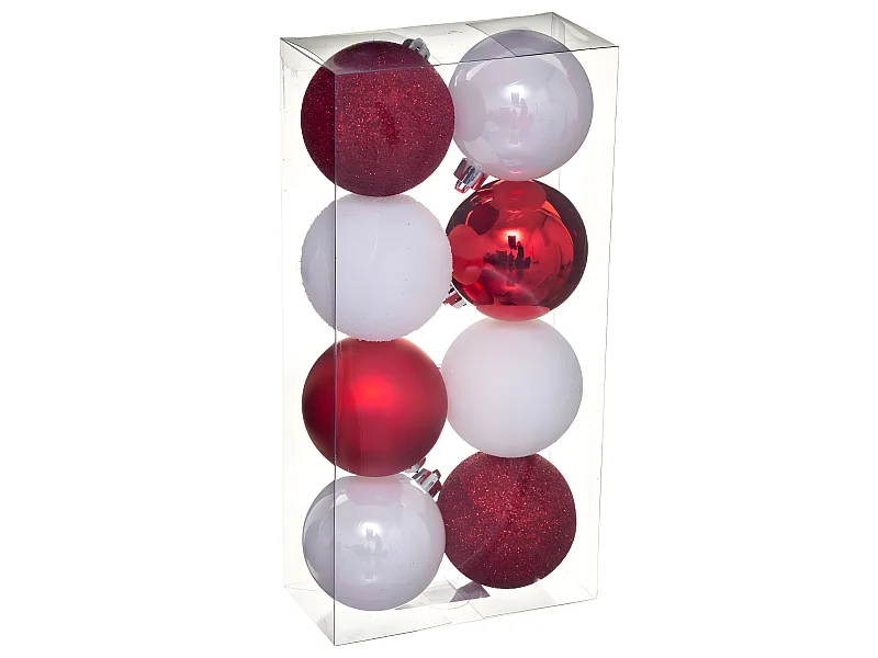 Déco  de sapin Lot de 8 Boules de Noël D 7 cm - Blanc et Rouge
