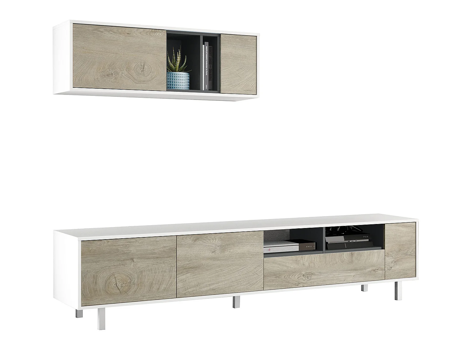 Ensemble meuble TV de 2 éléments coloris chêne à nœuds blanc artik - Hauteur 47 x Longueur 200 x Profondeur 40 cm