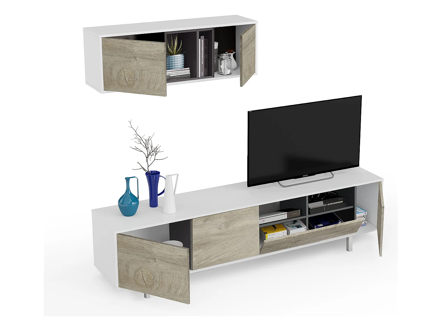 Ensemble meuble TV de 2 éléments coloris chêne à nœuds blanc artik - Hauteur 47 x Longueur 200 x Profondeur 40 cm