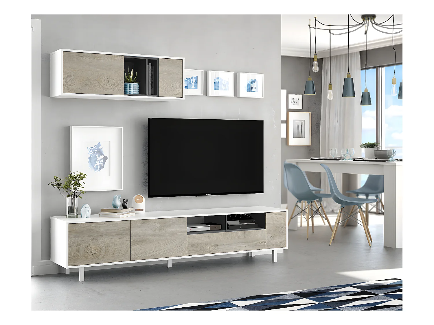 Ensemble meuble TV de 2 éléments coloris chêne à nœuds blanc artik - Hauteur 47 x Longueur 200 x Profondeur 40 cm