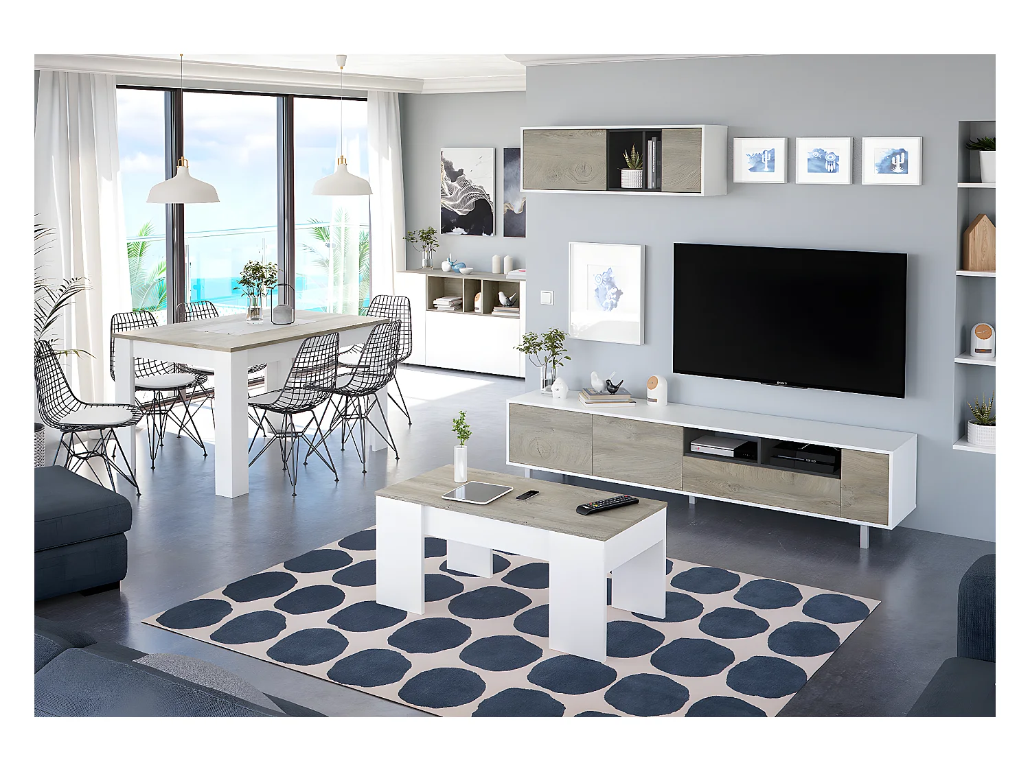 Ensemble meuble TV de 2 éléments coloris chêne à nœuds blanc artik - Hauteur 47 x Longueur 200 x Profondeur 40 cm