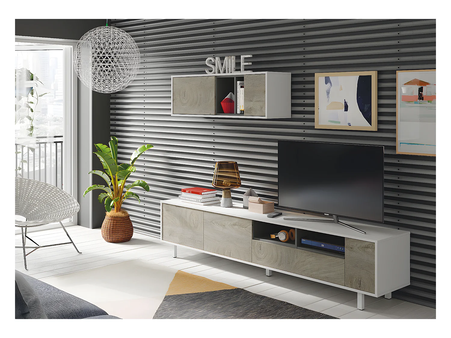 Ensemble meuble TV de 2 éléments coloris chêne à nœuds blanc artik - Hauteur 47 x Longueur 200 x Profondeur 40 cm