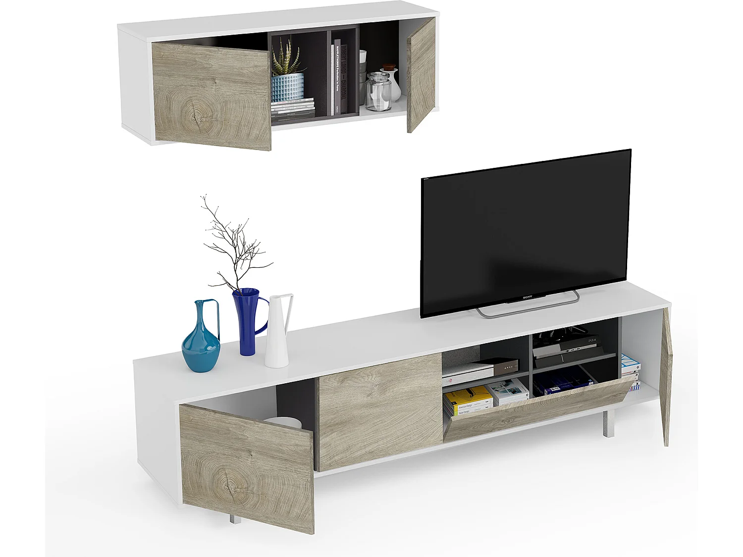 Ensemble meuble TV de 2 éléments coloris chêne à nœuds blanc artik - Hauteur 47 x Longueur 200 x Profondeur 40 cm